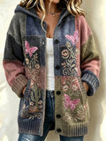 Women'S Retro Floral & Butterfly Pattern Casual Hooded Long Cardigan