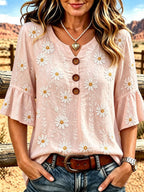 Ladies' Western Style Cotton And Linen Casual Top
