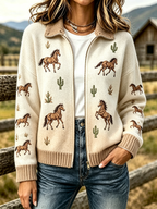 Women'S Retro Western Horse Pattern Knitted Zipper Cardigan