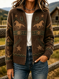 Women's Retro Floral & Butterfly Pattern Knit Zip-Up Cardigan