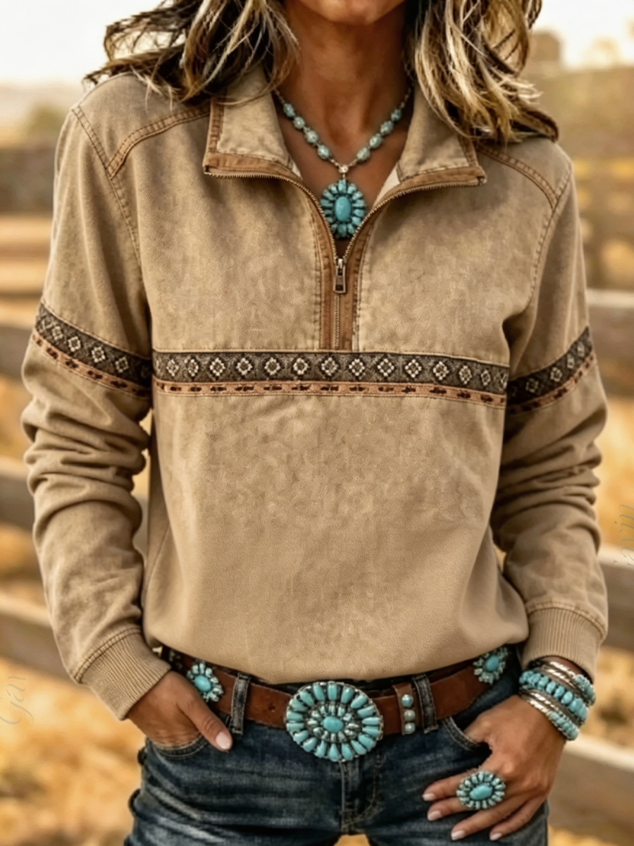 Women'S Western Style Wild West Stand Collar Long Sleeve Sweatshirt