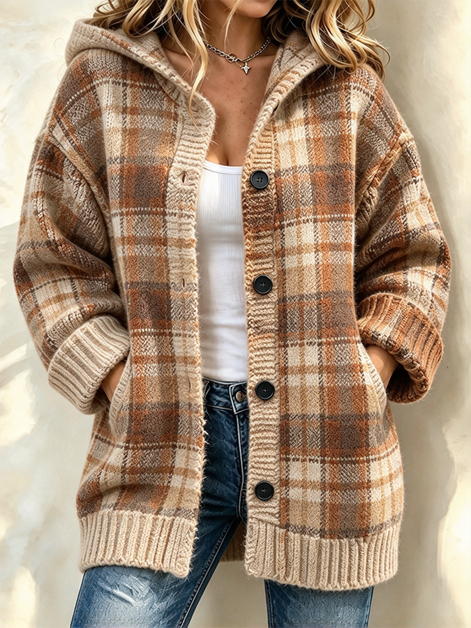 Women's Retro Checkered Knitted Cardigan