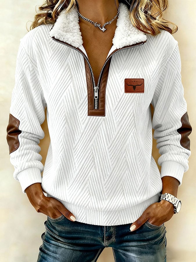 Women's Casual Retro Jacquard Fabric Patchwork Fur Collar Long-Sleeve Sweatshirt