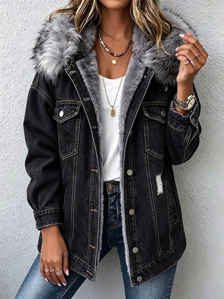Casual, Warm, Distressed Denim Jacket With A Faux-fur Lining And Hood