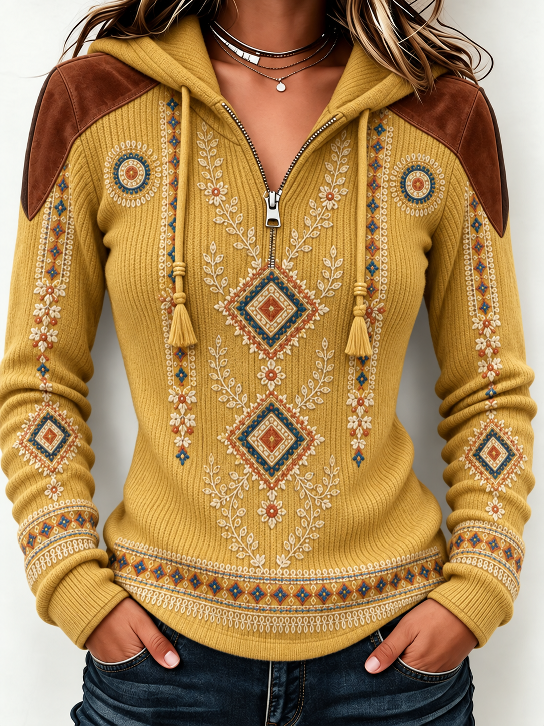 Women'S Retro Western Style Printed Zipper Hoodie