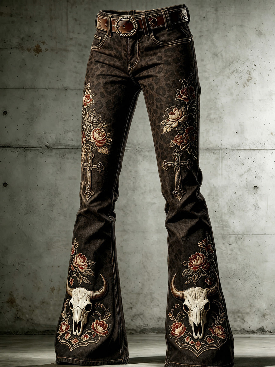 Women's Retro Western Style Art Print Flare Printed Flared Trousers