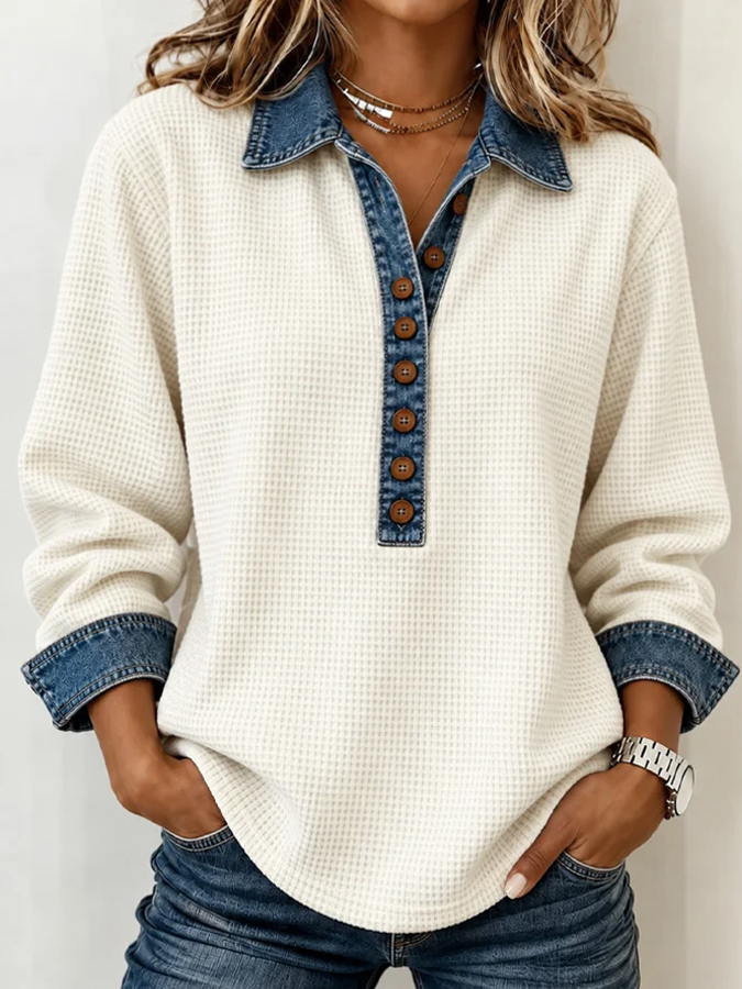 Women's Solid Color Waffle Splicing Cowboy Shirt Collar Pullover Top