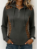 Women's Retro Leopard Print Patchwork Half-Zip Hooded Sweatshirt