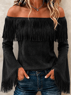 Women'S Solid Color Multi-Color Retro Suede Trumpet Sleeve Tassel Long Sleeved Top