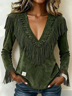 Women'S Casual Tassel Suede Autumn And Winter V-Neck Slim Fit Top