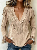 Women'S Casual Tassel Suede Autumn And Winter V-Neck Slim Fit Top
