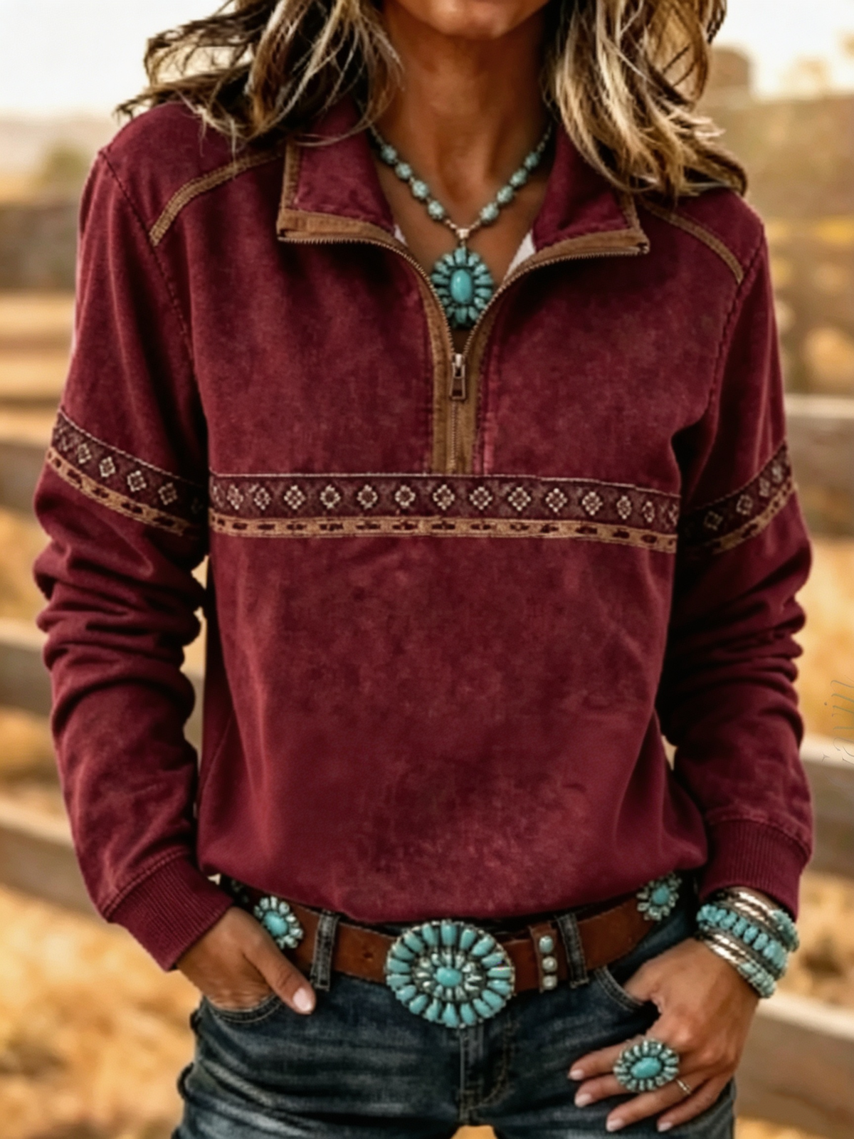 Women'S Western Style Wild West Stand Collar Long Sleeve Sweatshirt