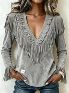 Women'S Casual Tassel Suede Autumn And Winter V-Neck Slim Fit Top
