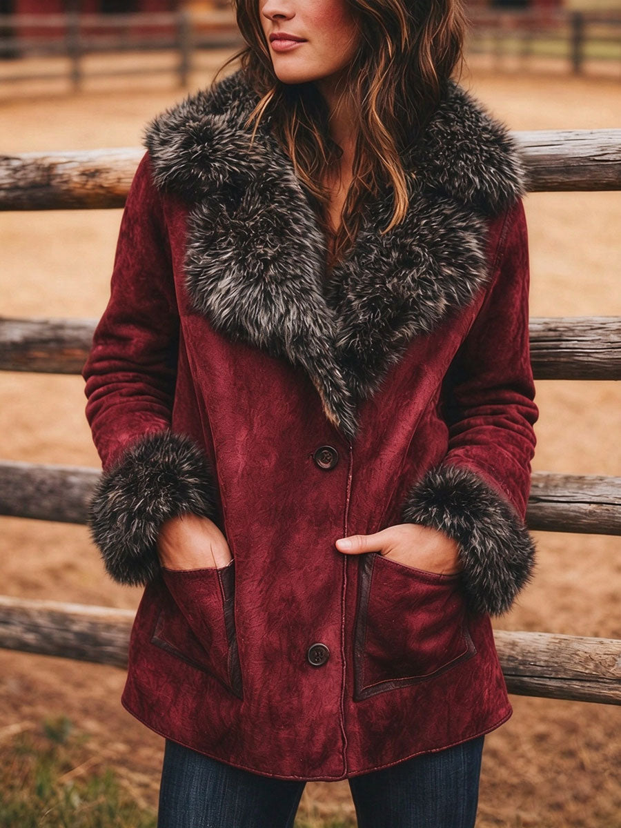 Women's Retro Suede Collar Mid-Length Coat