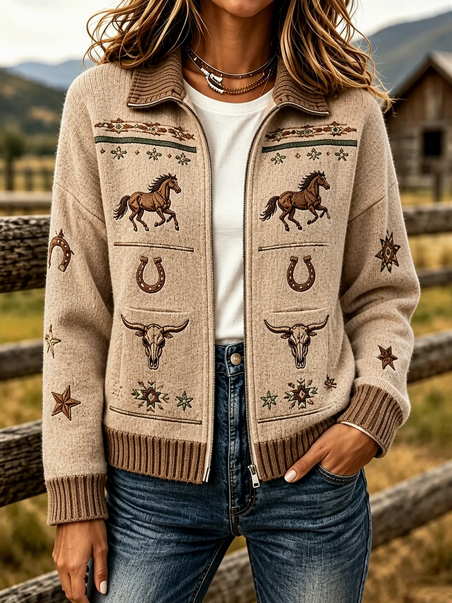 Women's Retro Floral & Butterfly Pattern Knit Zip-Up Cardigan