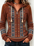 Women'S Retro Western Style Printed Zipper Hoodie