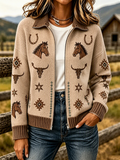 Women's Retro Floral & Butterfly Pattern Knit Zip-Up Cardigan